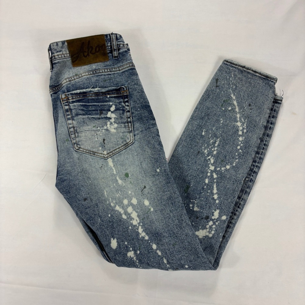 Akoo Patchwork Distressed‎ Skinny Jeans Blue Paint Splatter Graphic 32 x 30